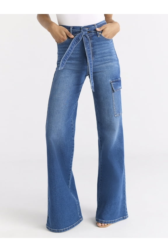 Sofia by Sofia Vergara Women's and Women's Plus Margot Wide Leg High Rise Cargo Jeans with Belt, Sizes 0-28W