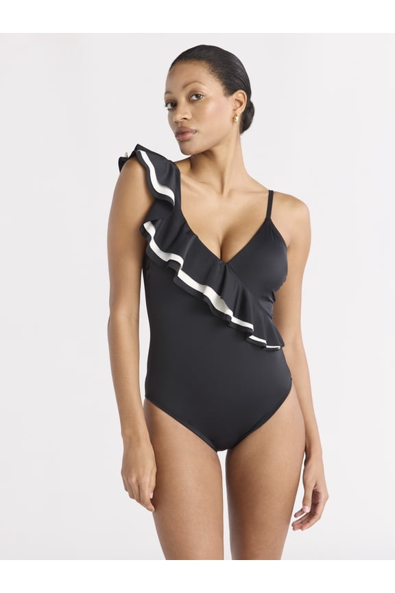Women's and Women's Plus Asymmetrical Ruffle One Piece Swimsuit with Curvetex®, Sizes XS-2X