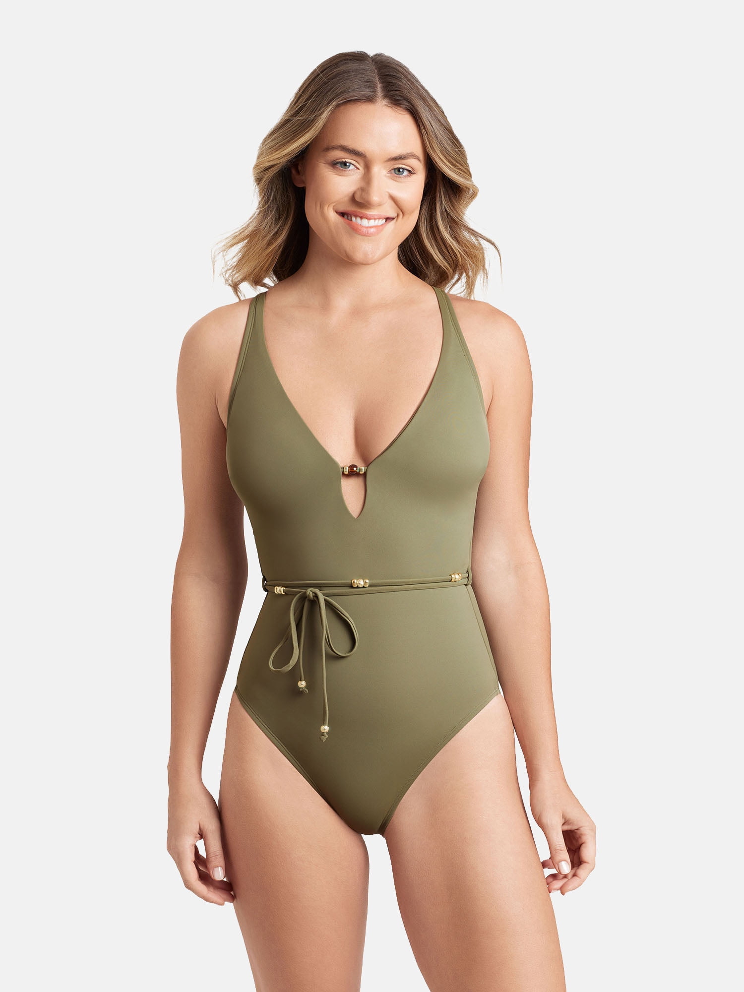 Sofia by Sofia Vergara Women's and Women's Plus Plunge 1PC with belt strap One Piece Swimsuit