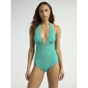 Sofia by Sofia Vergara Women's and Women's Plus Ring Front Plunge Halter One Piece with Curvetex®, Sizes XS-2X