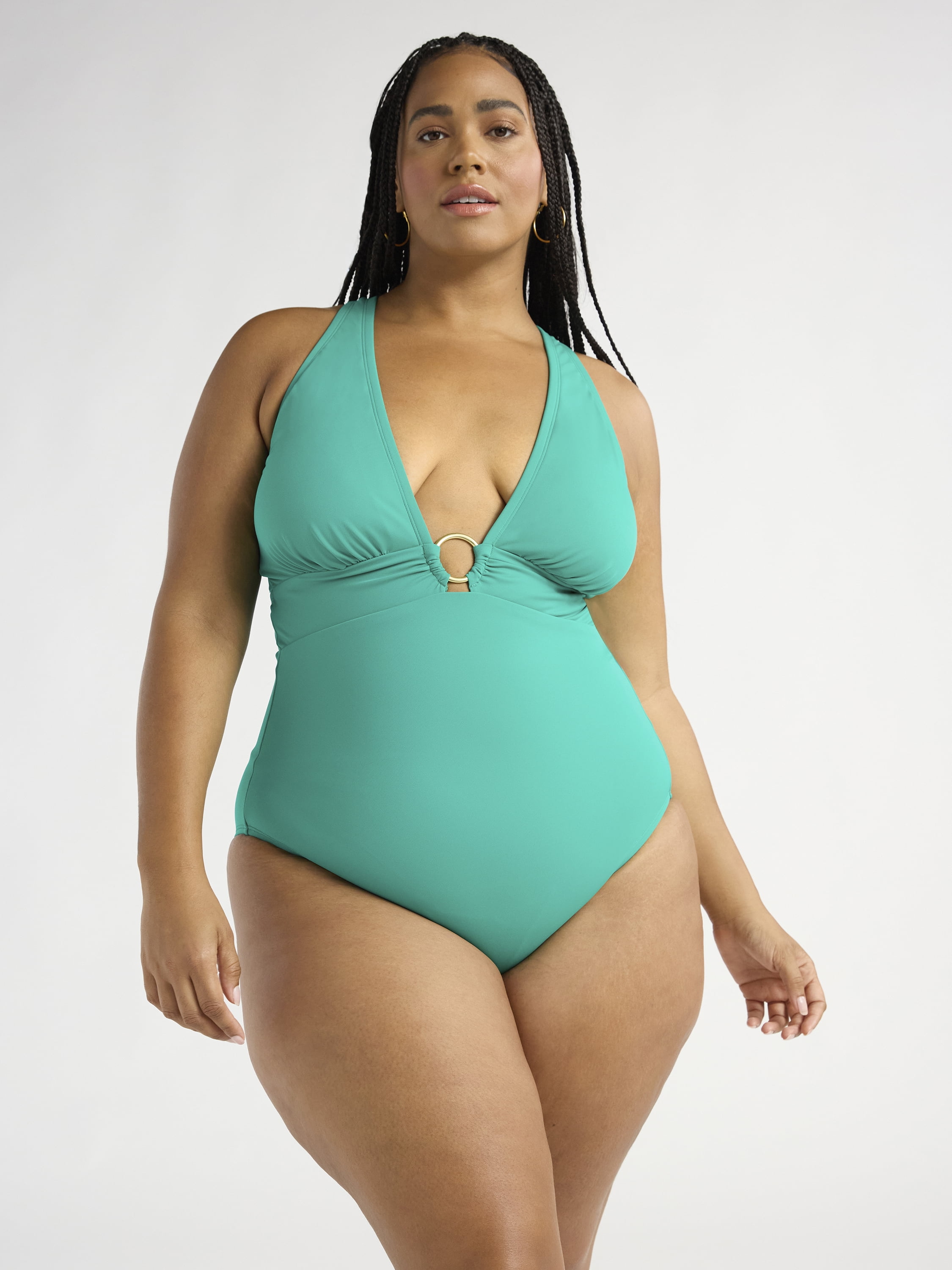Sofia by Sofia Vergara Women's and Women's Plus Ring Front Plunge Halter One Piece with Curvetex®, Sizes XS-2X
