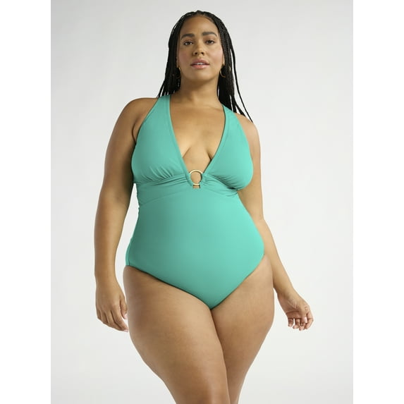 Sofia by Sofia Vergara Women's and Women's Plus Ring Front Plunge Halter One Piece with Curvetex®, Sizes XS-2X