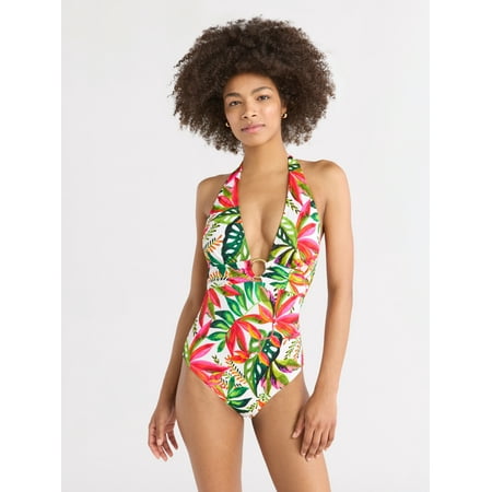 Sofia by Sofia Vergara Women's and Plus Ring Front Plunge Halter One Piece with Curvetex®, Sizes XS-3X
