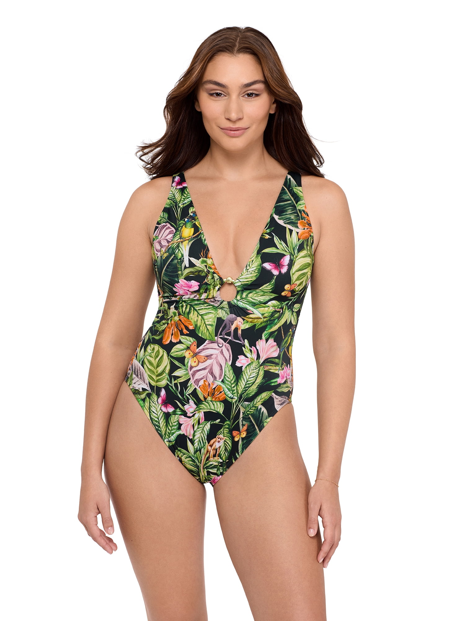 Sofia by Sofia Vergara Women's and Women's Plus Ring Front Plunge One Piece Swimsuit, Sizes XS-2X