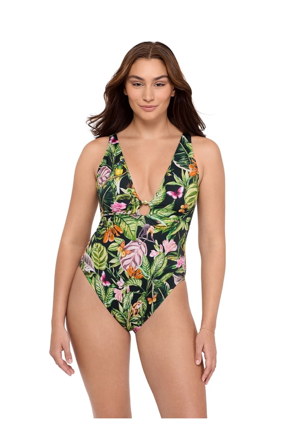 Women's and Women's Plus Ring Front Plunge One Piece Swimsuit, Sizes XS-2X