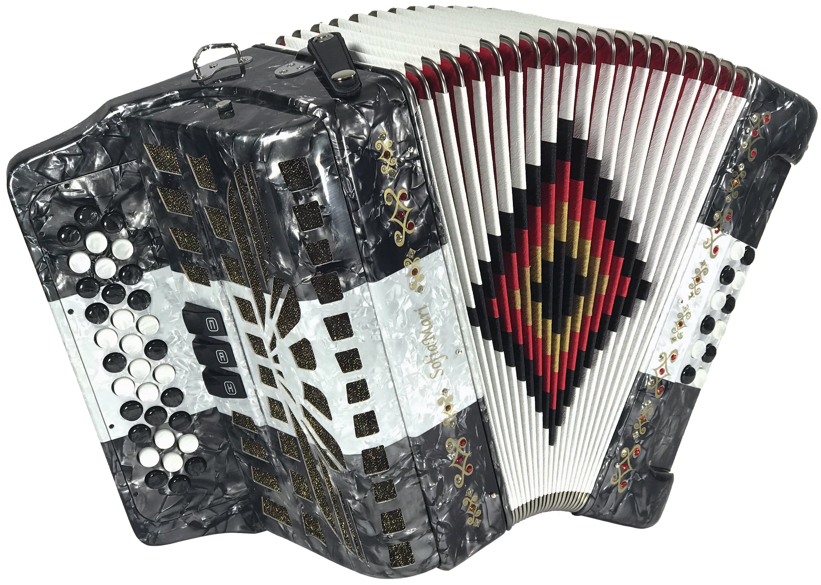 SofiaMari NSM3412 Accordion Package: 34 Button, 12 Bass, 3 Switch Accordion in Fa/FBE