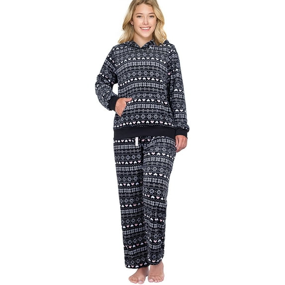 SofiePJ, Women's, Dimple Fleece Sherpa Lined Hooded Pajama Gift Set, Black White, XL