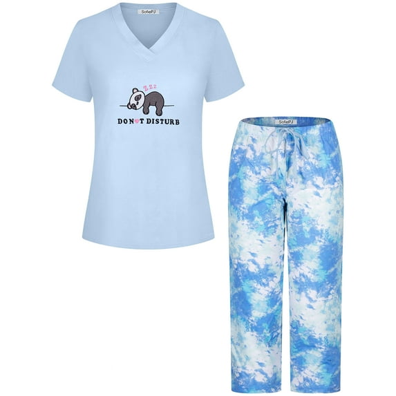 SofiePJ, Women's, Drawstring Waist Printed Short Sleeve Soft Cotton Sleepwear Capri Set, Blue, M