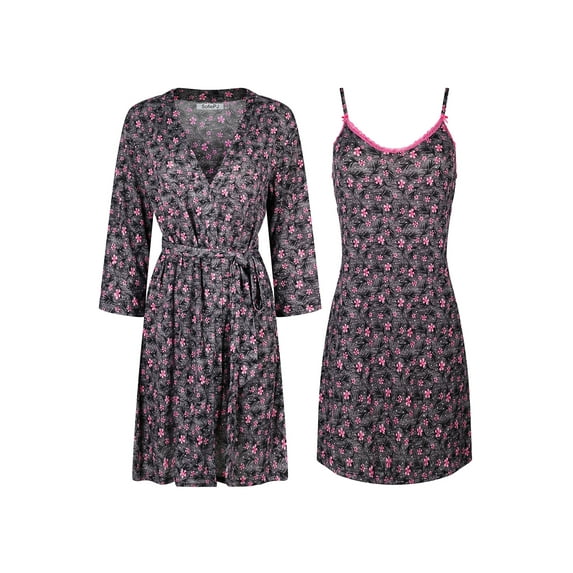 SofiePJ, Women's, Light Weight Sweater Hacci Knit Ultra Soft Warm Stretchy 2 PC Belted Robe Set w/ Chemise, Light Sweater Knit Dark Gray, M