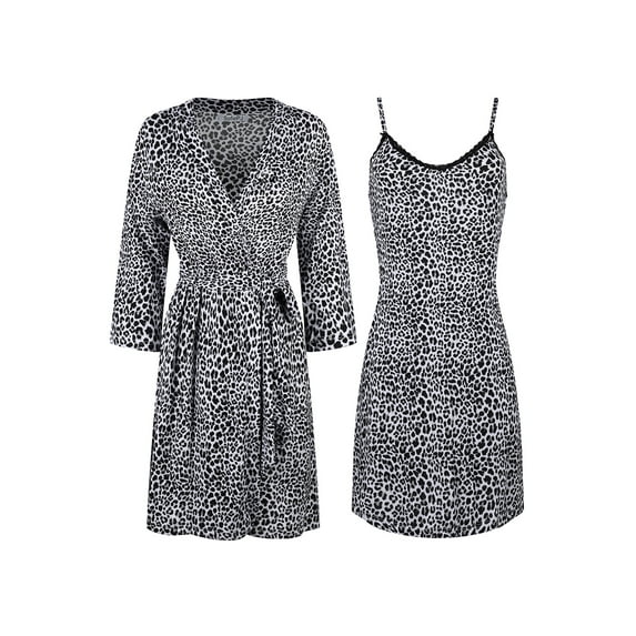 SofiePJ, Women's, Light Weight Sweater Hacci Knit Ultra Soft Warm Stretchy 2 PC Belted Robe Set w/ Chemise, Light Sweater Knit Gray White, S