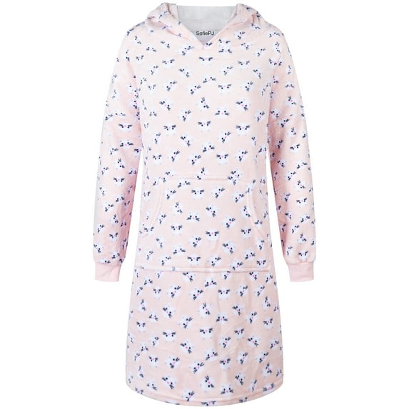 SofiePJ Women's Long Sleeve Fleece Printed Pull Over Hooded Sleepshirt with Pom poms Light Pink M