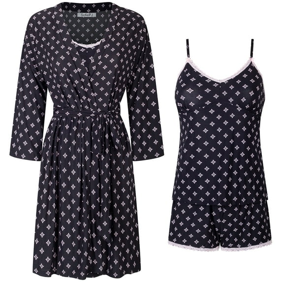 SofiePJ, Women's, Plus Printed Robe Set with Chemise and Shorts 3 PC Sleepwear Lounge Wear, Black Pink, 2X