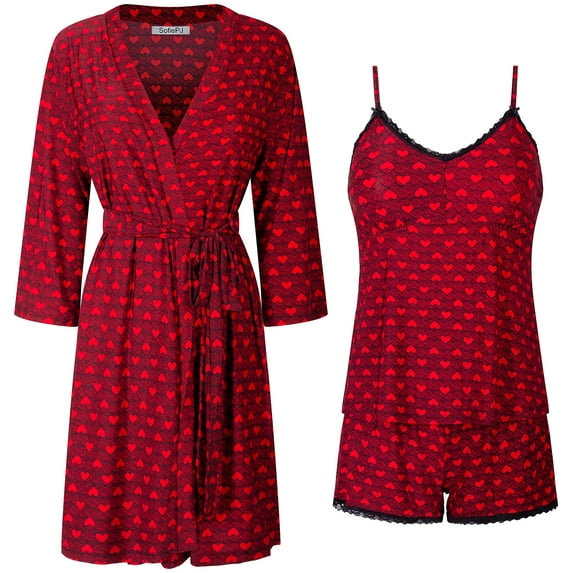 SofiePJ, Women's, Plus Printed Robe Set with Chemise and Shorts 3 PC Sleepwear Lounge Wear, Dark Red, 1X