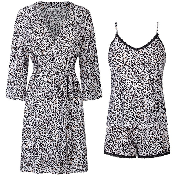 SofiePJ, Women's, Plus Printed Robe Set with Chemise and Shorts 3 PC Sleepwear Lounge Wear, Leopard Tan, 1X