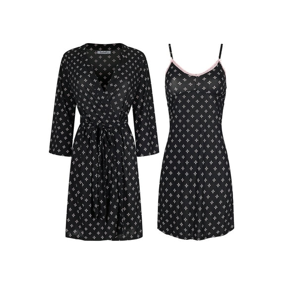 SofiePJ, Women's, Printed Chemise and Robe 2 Piece Sleep Set, Black Pink, M