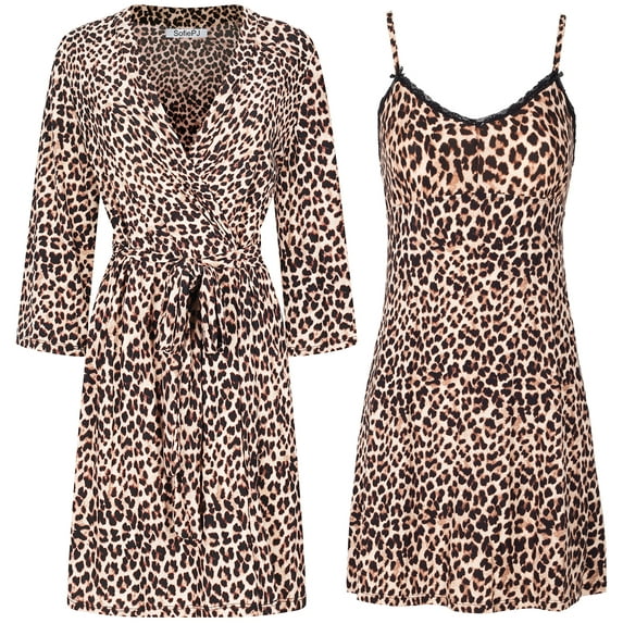 SofiePJ, Women's, Printed Robe Set with Chemise 2 Piece Sleep Lounge Set, Brown, M