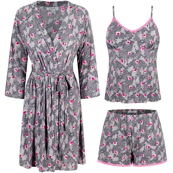 SofiePJ, Women's, Printed Robe Set with Chemise and Shorts 3 PC Sleepwear Lounge Wear, Grey, XL