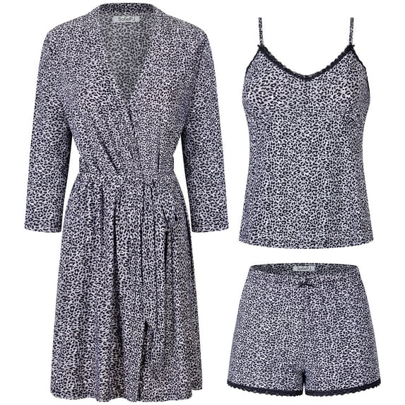 SofiePJ, Women's, Printed Robe Set with Chemise and Shorts 3 PC Sleepwear Lounge Wear, Leopard Black, L