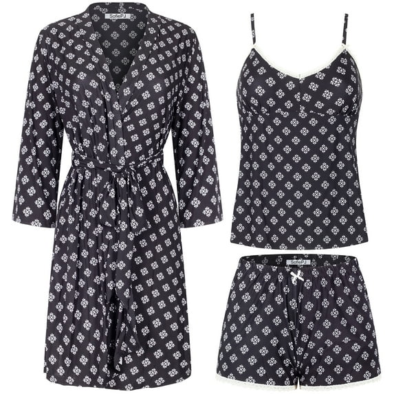 SofiePJ, Women's, Printed Robe Set with Chemise and Shorts 3 Piece Sleep Lounge Wear, Black White, M