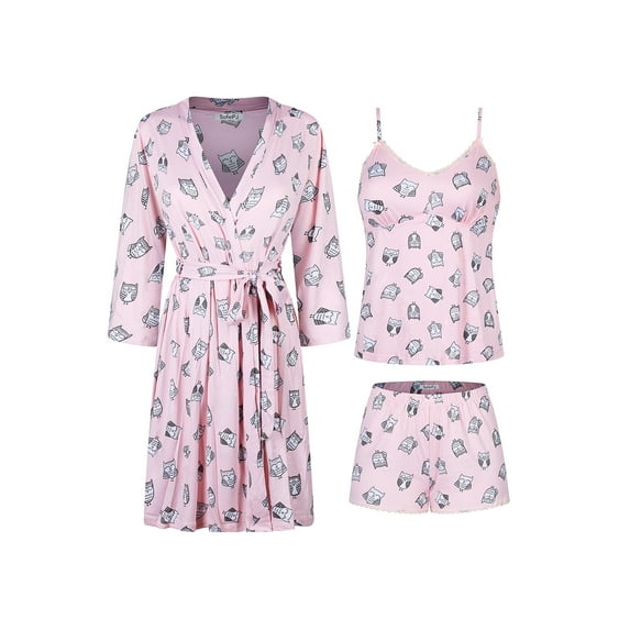 SofiePJ, Women's, Ultra Soft Warm Poly Suede Stretchy Printed 3 PC Belted Lace Hem Robe Set w/ Chemise & Shorts, Light Pink, L
