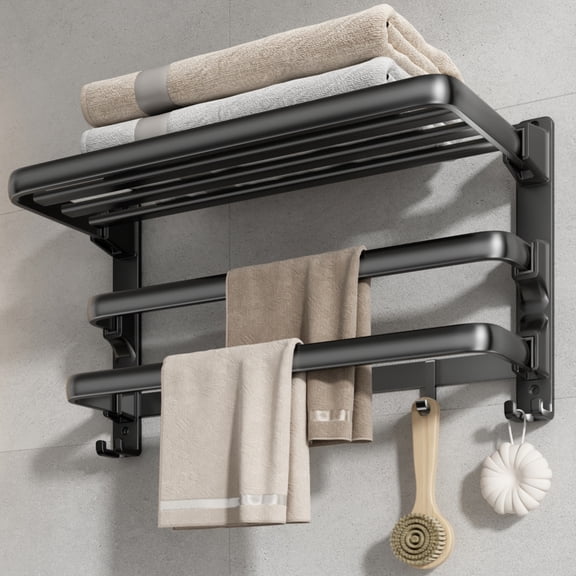 Sofinny 24-Inch Towel Racks for Bathroom & Lavatory Wall Mounted, Foldable Towel Storage Shelf with 2 Towel Bar with 7 Multifunctional Hooks (Black)