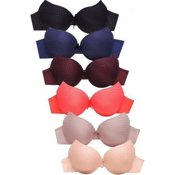 Sofra BR4324LPU - 36C Womens Demi Coverage Lace Push Up Bra - Assorted Color - 36C - Pack of 6