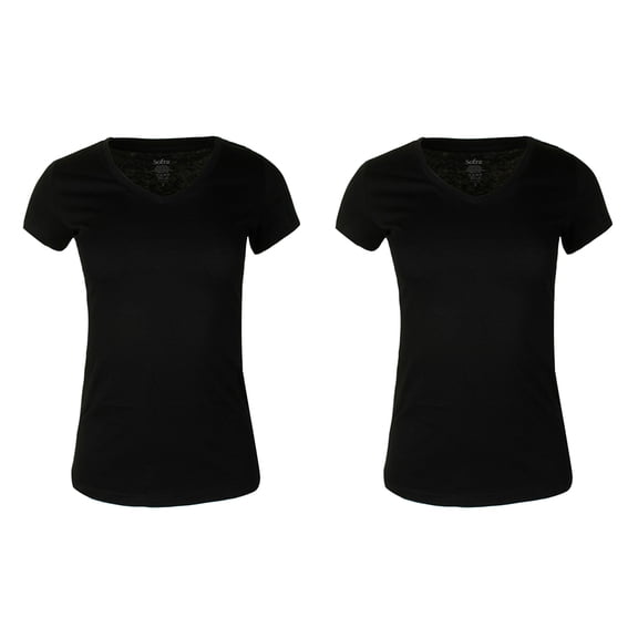 Sofra Ladies 2 Pack Short Sleeve V Neck T-Shirts Black M