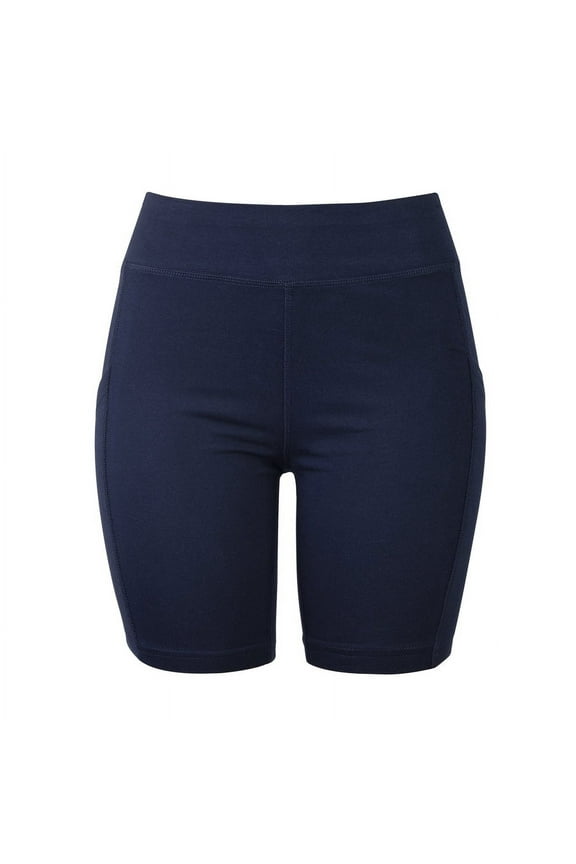 Ladies Cotton High Waist Outseam 15" Length Running Workout Biker Shorts w/ Side Pockets