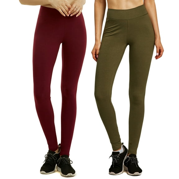 Sofra Women & Plus Cotton High Waist Full Length Cotton Workout Leggings (Burgundy/Olive, M)