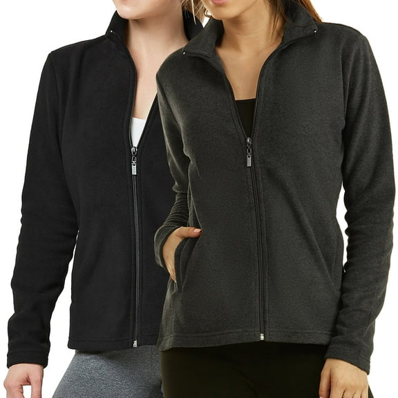 Sofra Women & Plus Polar Fleece Full Zip Up Winter Warm Jacket (Black/Charcoal, L)