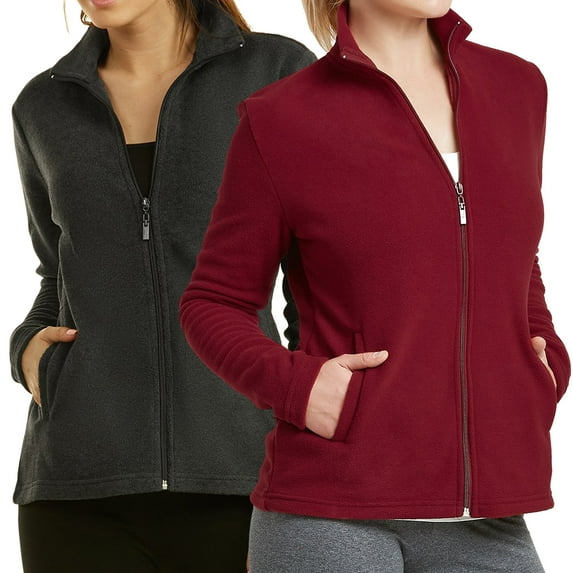 Sofra Women & Plus Polar Fleece Full Zip Up Winter Warm Jacket (Charcoal/Burgundy, S)