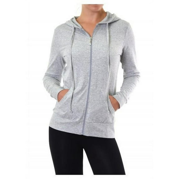 Sofra Women's Cotton Comfort Zip Up Hoodie Jersey Sweater - Heather Gray - Large