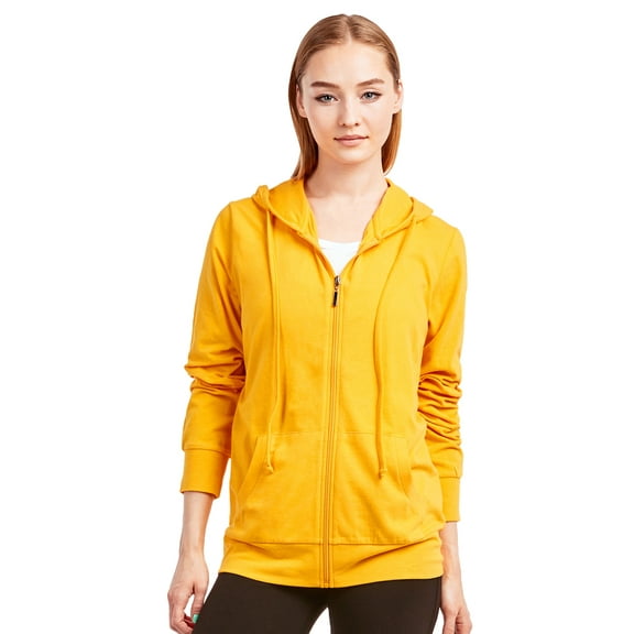 Sofra Women's Cotton Comfort Zip Up Hoodie Jersey Sweater - Mustard - Small