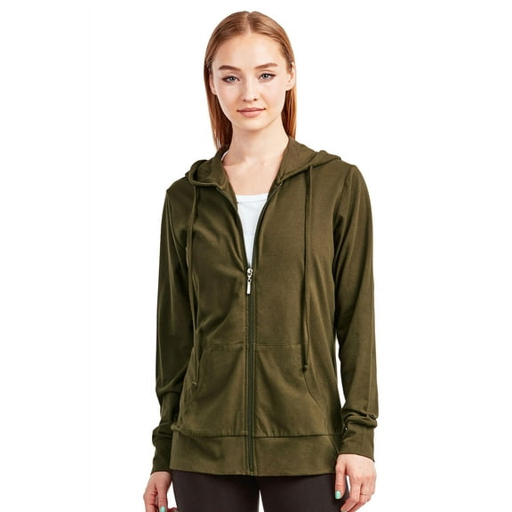 Sofra Women's Cotton Comfort Zip Up Hoodie Jersey Sweater - Olive - Medium