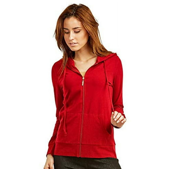 Sofra Women's Cotton Comfort Zip Up Hoodie Jersey Sweater - Red - Medium