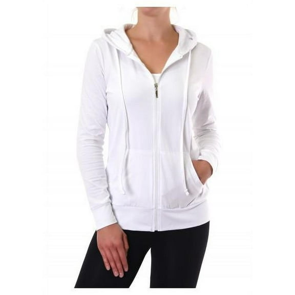 Sofra Women's Cotton Comfort Zip Up Hoodie Jersey Sweater - White - Small