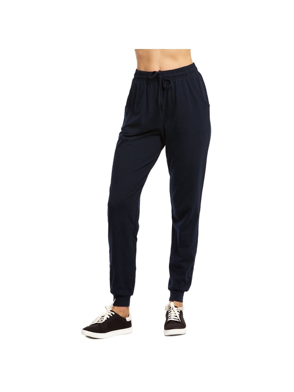 Women's Jersey Cotton Jogger Pants with Side Pockets for Yoga Running Workout Navy
