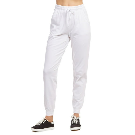 Sofra Women's Jersey Cotton Jogger Pants with Side Pockets for Yoga Running Workout White