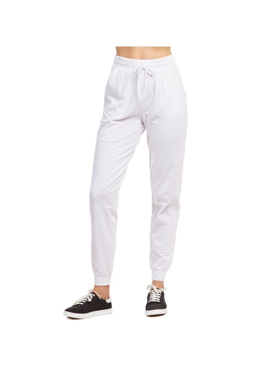 Women's Jersey Cotton Jogger Pants with Side Pockets for Yoga Running Workout White