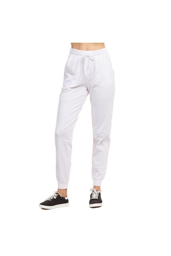Women's Jersey Cotton Jogger Pants with Side Pockets for Yoga Running Workout White