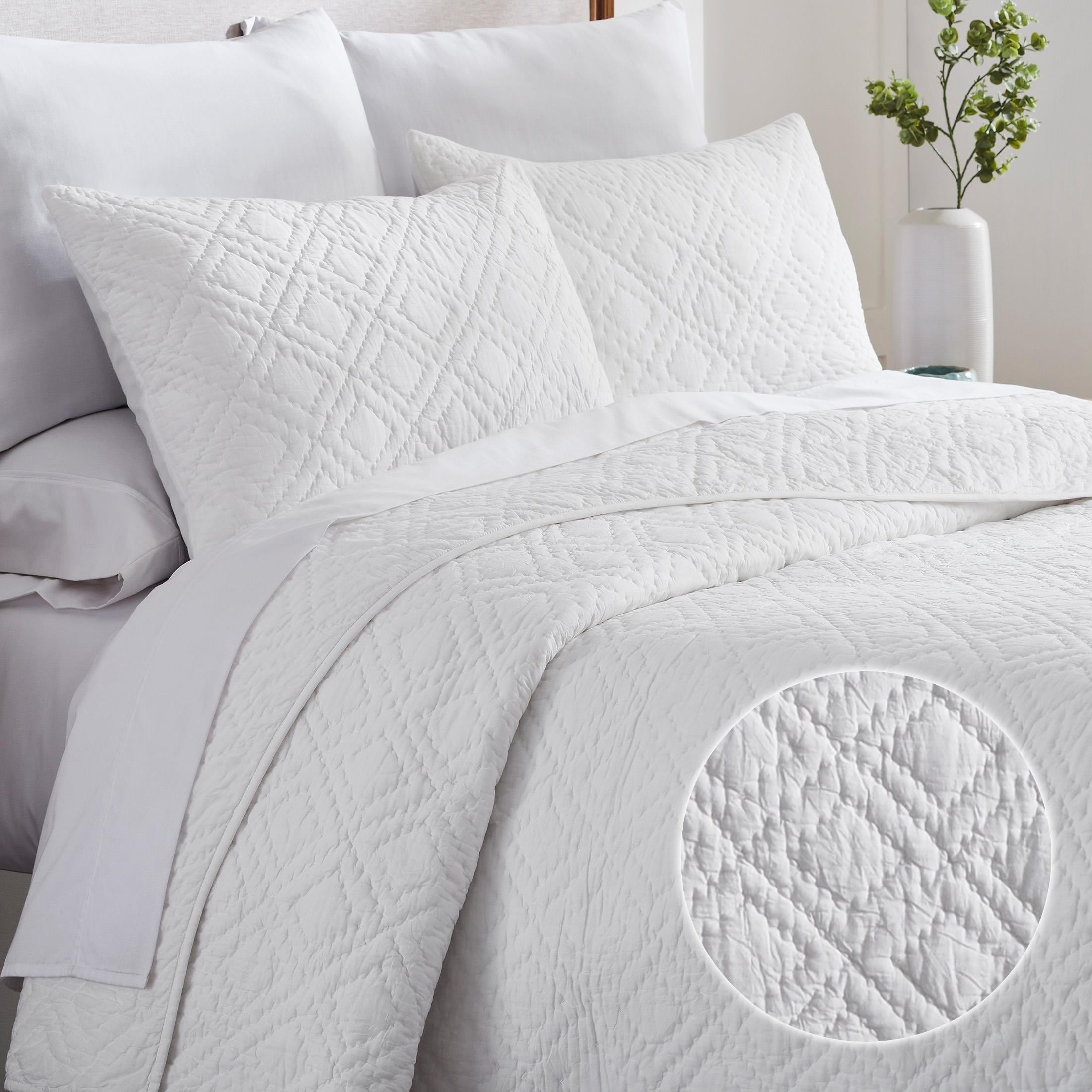 Soft 100 Cotton Hand Quilted White Quilt King Size Set Pure Cotton Fabric Fill 3 Pc Set King Size With Shams Pre Softened Diamond Pattern