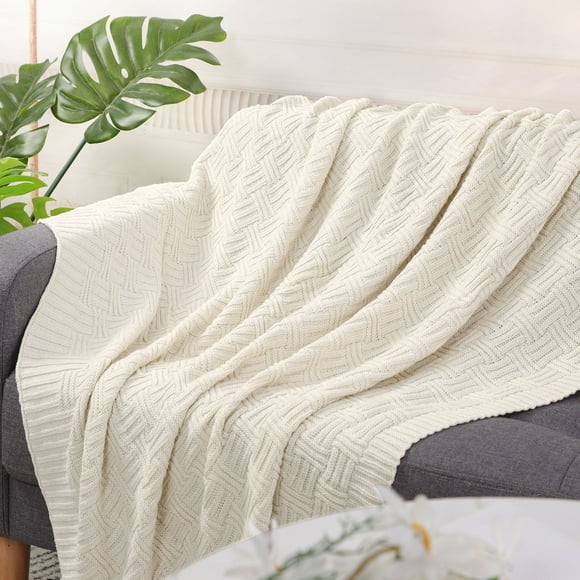 Soft 100% Cotton Knitted Throw Blanket for Couch Home Office Hotel Blanket Beige 50"x60"