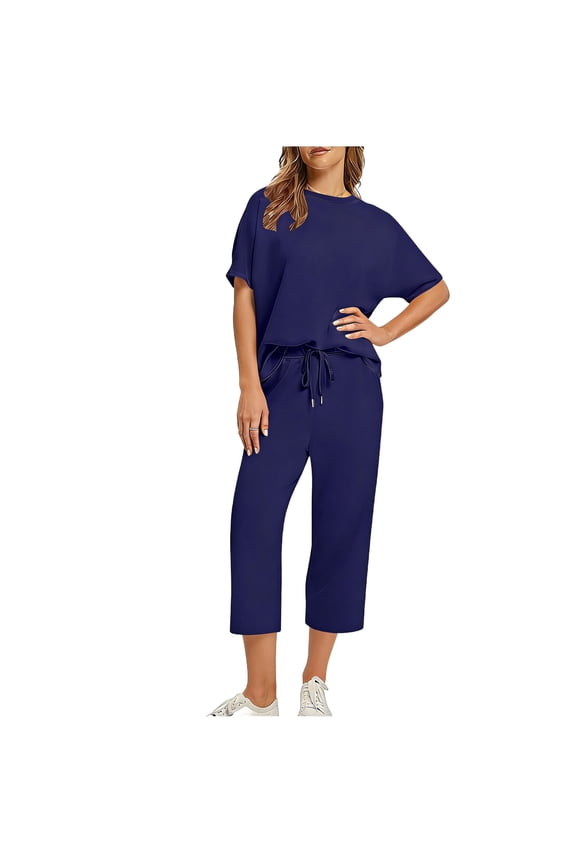Soft 2 Piece Sets for Women Short Sleeve Matching Lounge Set Wide Leg Cropped Pants Tracksuit Travel Summer Outfits Navy