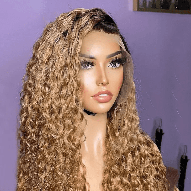 Soft 26 Inch Ombre Brown Blonde Kinky Curly Synthetic Glueless  Hair 180%Density|Lace Front Wig | Preplucked Baby Hair & Heat Resistant | Daily Wig for Women)