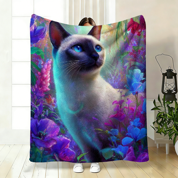 Soft 280gsm Flannel Throw Blanket, Golden Siamese Cat Floral Print, Cozy Bedspread Couch Cover for Home, Reversible Contemporary Decor Gift