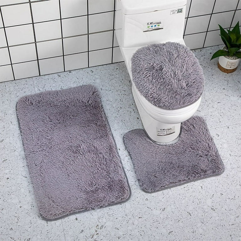 Purjkpu Soft 3 Piece Bathroom Rug Set Includes Bath Rug, Contour Mat and Toilet Lid Cover, Machine Washable, Super Soft Microfiber & Non Slip Bath Rugs with