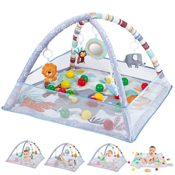 Soft 3 in 1 Baby Gym Mat,Baby Playmats with 5 Sensory Toys & Ocean Balls, Floor Crawling Mat for Toddlers​
