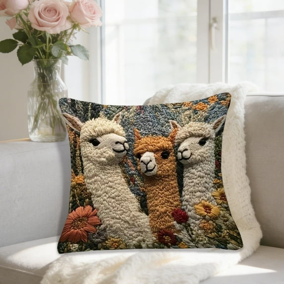 Soft 3D Alpaca Print Pillow Cover with Hidden Zipper - Flock Fabric Decorative Cushion Case for Sofa and Living Room