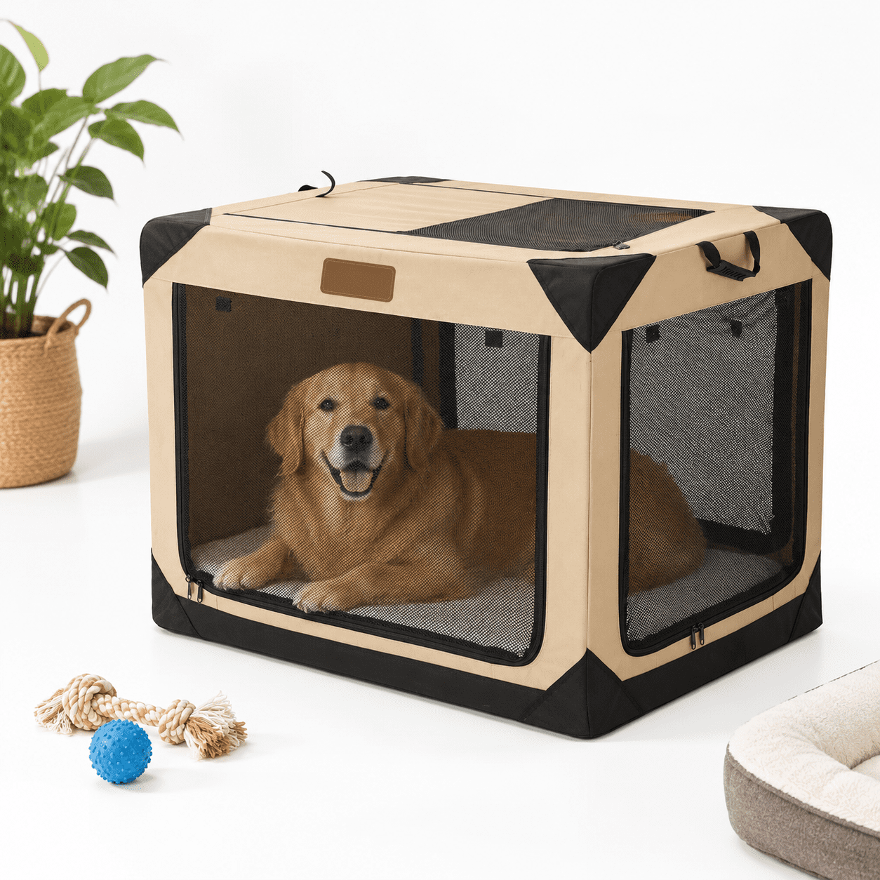 Soft 4-door Foldable Collapsible Dog Crate, Beige, 26.0"L x 18.0"W x 18 ...