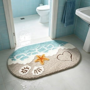 Soft and Absorbent Beach Bathroom Rug, Non-Slip Backing, Ideal for Bathroom, Kitchen and Entryway Decor, Sea Beach Starfish Shell Bath Decor, Blue, 23.64Inch